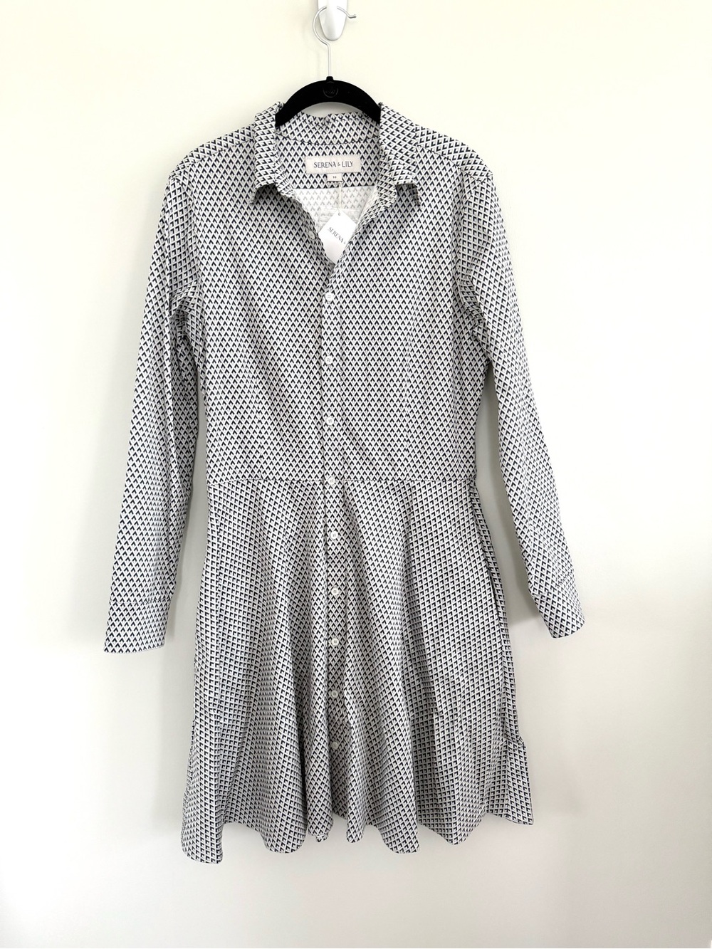 SERENA & LILY Diamond Jane Shirtdress Long-Sleeve Cotton Navy Shirt Dress New